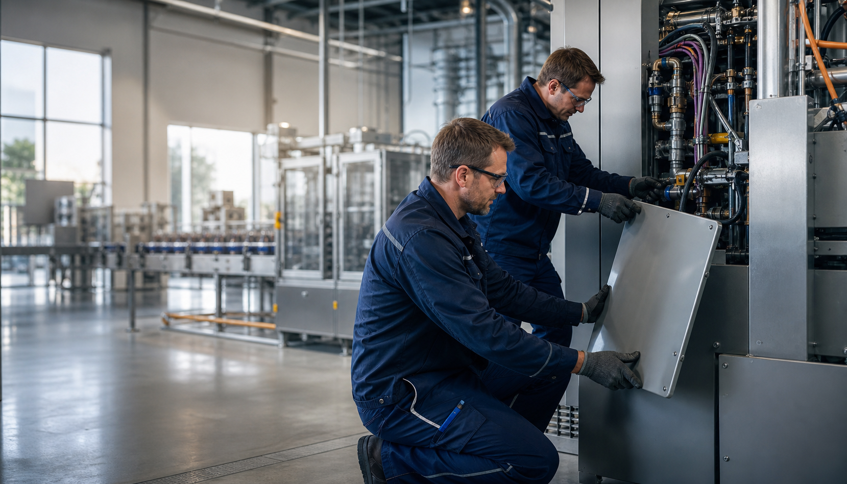 Handwerker führen Nachbesserungsarbeiten an einer Produktionsanlage aus, während der Betrieb vorübergehend stillsteht.